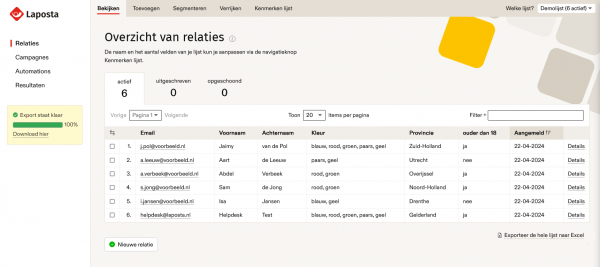 De status van de export van jouw lijst